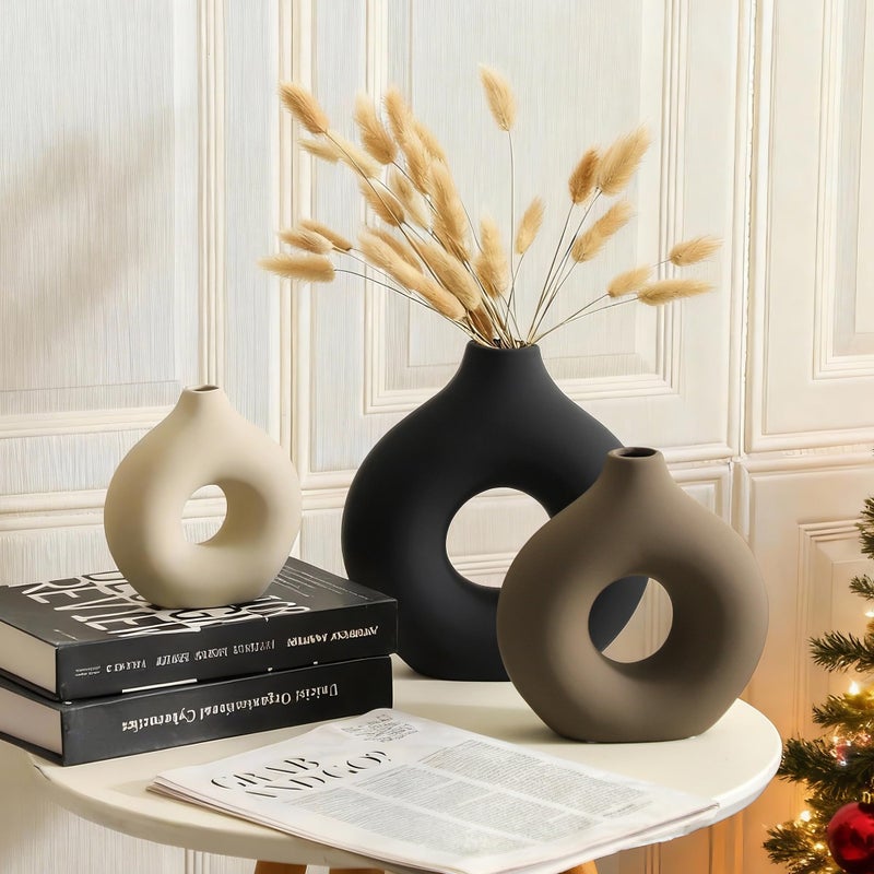 Vanselia Ceramic Vase Home Table Decor - Flower Vases Set of 3 Small Living Room Centerpiece Decorations for Shelf Bedroom Office Kitchen Dining Desk Modern Aesthetic Farmhouse Decorative (Brown) - Image 3
