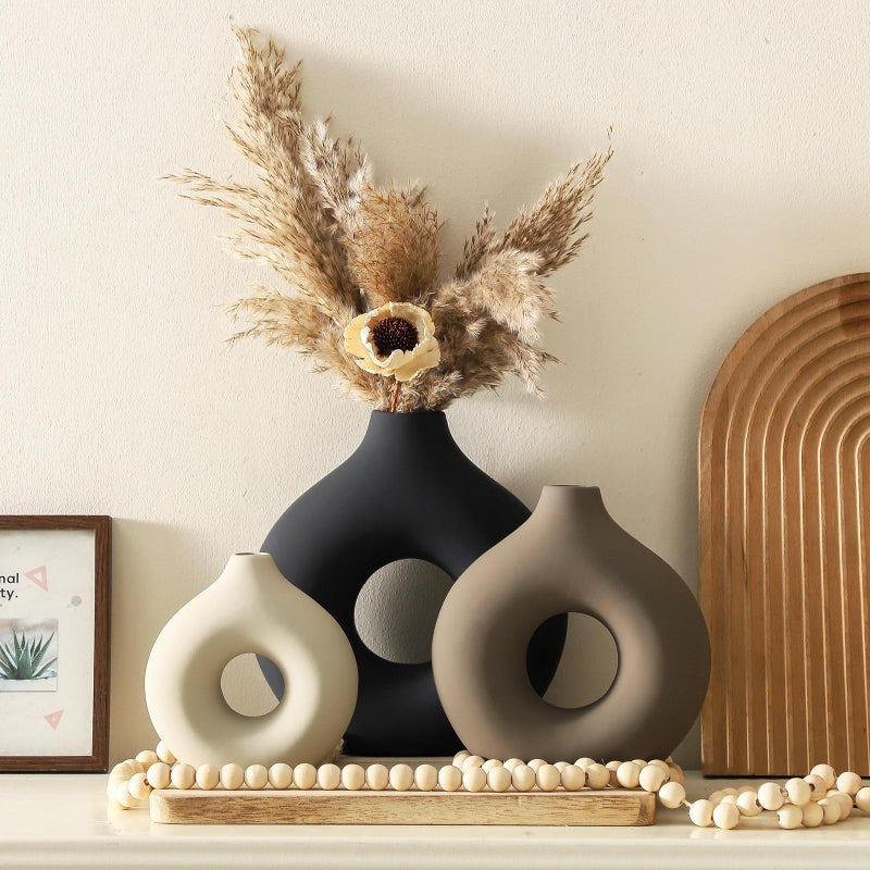 Vanselia Ceramic Vase Home Table Decor - Flower Vases Set of 3 Small Living Room Centerpiece Decorations for Shelf Bedroom Office Kitchen Dining Desk Modern Aesthetic Farmhouse Decorative (Brown) - Image 4