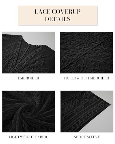 Bsubseach Lace Kimonos for Women 2025 Swim Cover Up Summer Beach Coverup Open Front Sheer Kimono Cardigan Black - Image 3