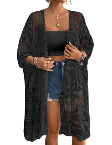 Bsubseach Lace Kimonos for Women 2025 Swim Cover Up Summer Beach Coverup Open Front Sheer Kimono Cardigan Black - Image 1