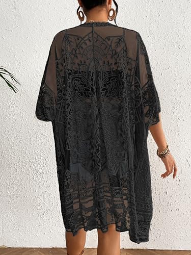 Bsubseach Lace Kimonos for Women 2025 Swim Cover Up Summer Beach Coverup Open Front Sheer Kimono Cardigan Black - Image 5
