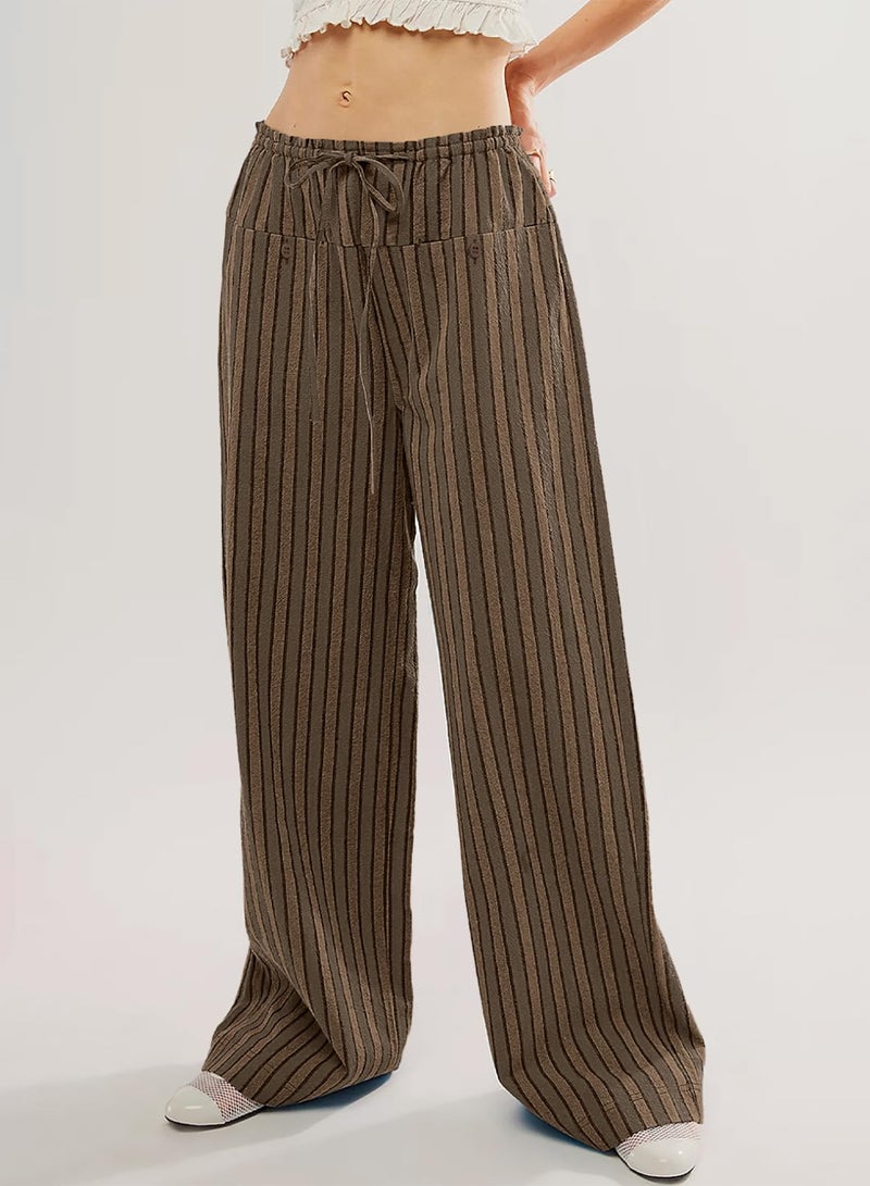 Acelitt Womens Casual Striped Color Block Pants Drawstring Elastic Waist 2026 Winter Fashion Comfy Loose Wide Leg Pants Trousers with Pockets Brown XL - Image 3