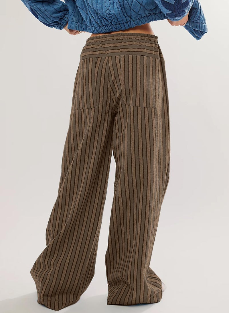 Acelitt Womens Casual Striped Color Block Pants Drawstring Elastic Waist 2026 Winter Fashion Comfy Loose Wide Leg Pants Trousers with Pockets Brown XL - Image 2