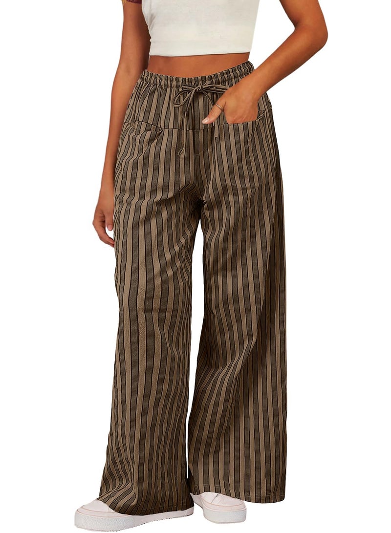 Acelitt Womens Casual Striped Color Block Pants Drawstring Elastic Waist 2026 Winter Fashion Comfy Loose Wide Leg Pants Trousers with Pockets Brown XL - Image 1