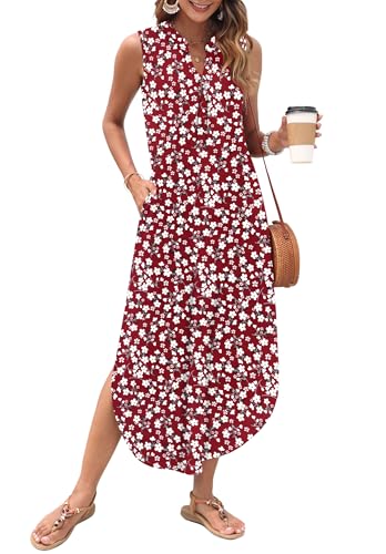 AUSELILY Womens Summer Casual Maxi Dresses 2026 Sleeveless Long Beach Dresses V Neck Loose Sundresses with Side Split Pockets Red Flowers L - Image 1