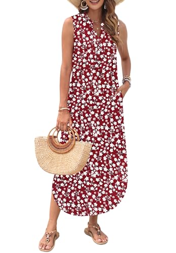 AUSELILY Womens Summer Casual Maxi Dresses 2026 Sleeveless Long Beach Dresses V Neck Loose Sundresses with Side Split Pockets Red Flowers L - Image 2