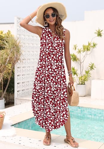 AUSELILY Womens Summer Casual Maxi Dresses 2026 Sleeveless Long Beach Dresses V Neck Loose Sundresses with Side Split Pockets Red Flowers L - Image 3