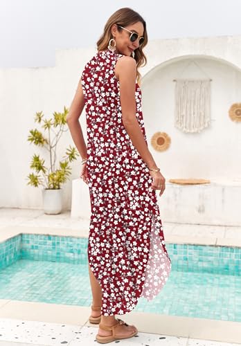 AUSELILY Womens Summer Casual Maxi Dresses 2026 Sleeveless Long Beach Dresses V Neck Loose Sundresses with Side Split Pockets Red Flowers L - Image 4