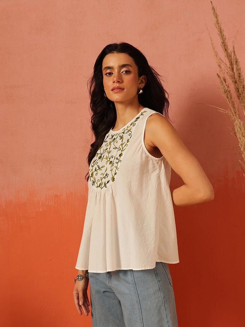 QAZMI Women's Aari Work White Sleeveless Peplum Cotton Kurti_S - Image 3