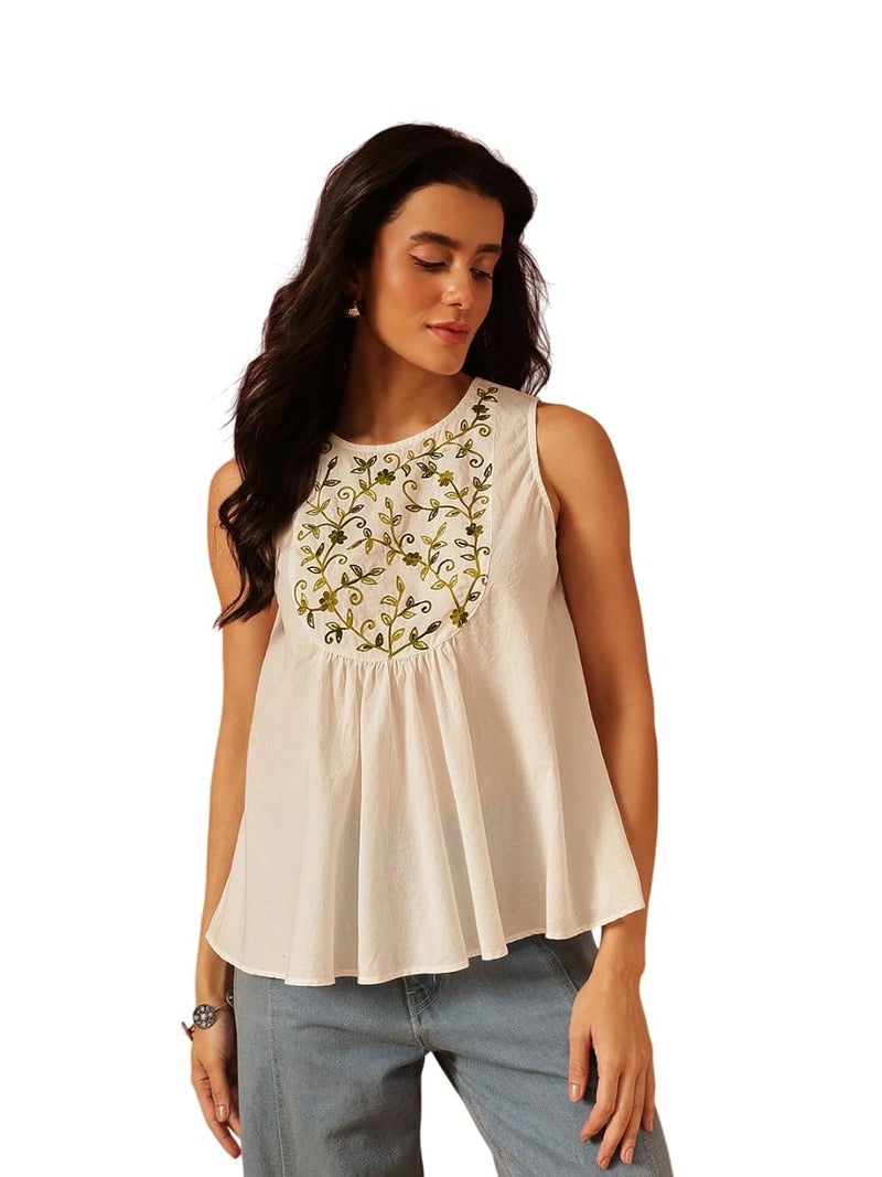 QAZMI Women's Aari Work White Sleeveless Peplum Cotton Kurti_S - Image 1