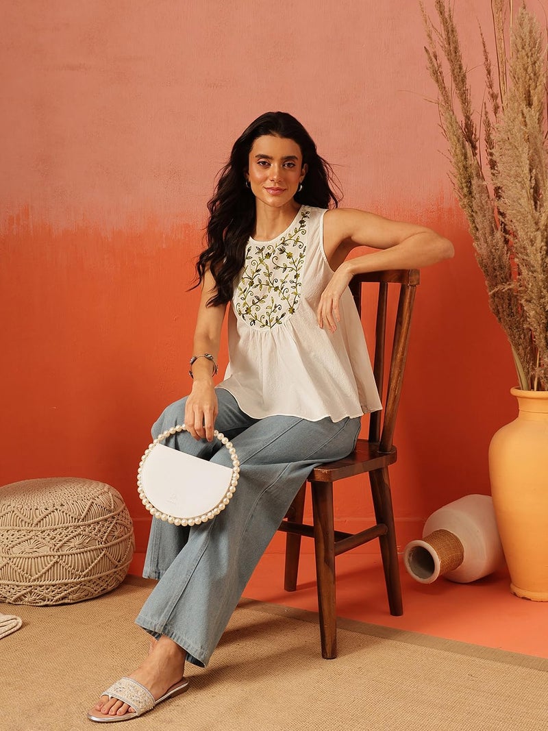 QAZMI Women's Aari Work White Sleeveless Peplum Cotton Kurti_S - Image 5
