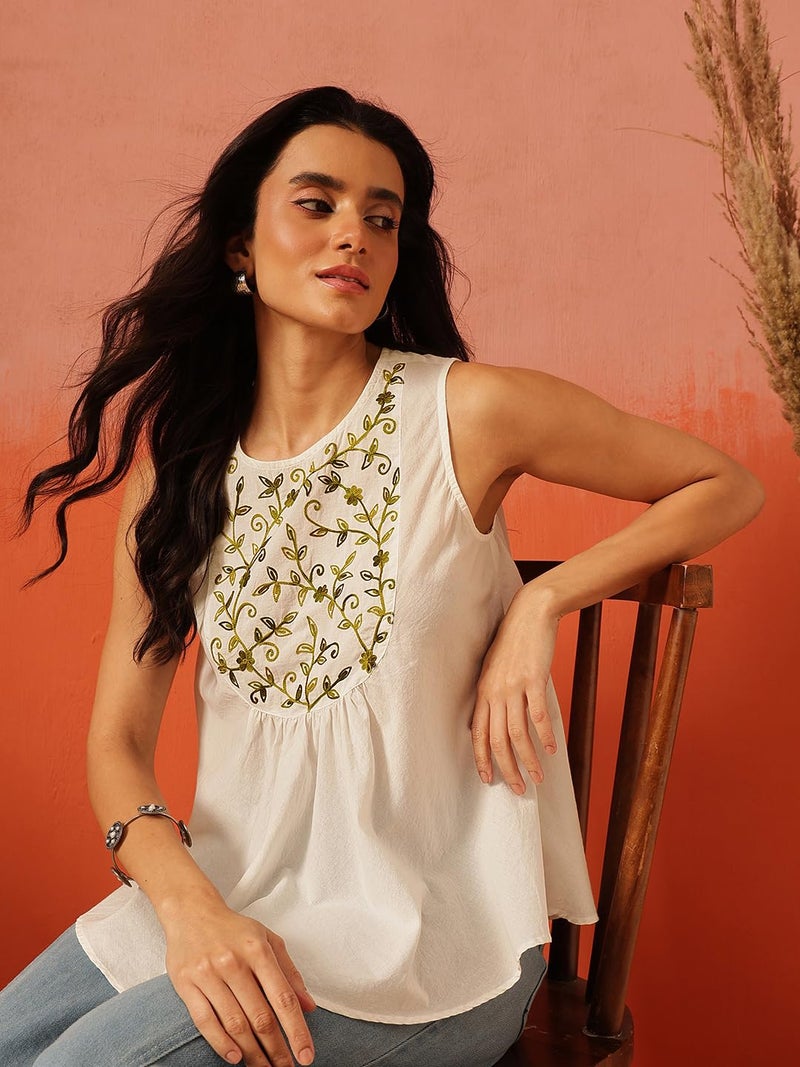 QAZMI Women's Aari Work White Sleeveless Peplum Cotton Kurti_S - Image 2