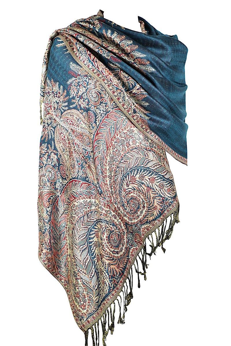 Achillea Luxurious Double Layered Jacquard Big Paisley Pashmina Shawl Wrap Scarf (Teal) - Image 1