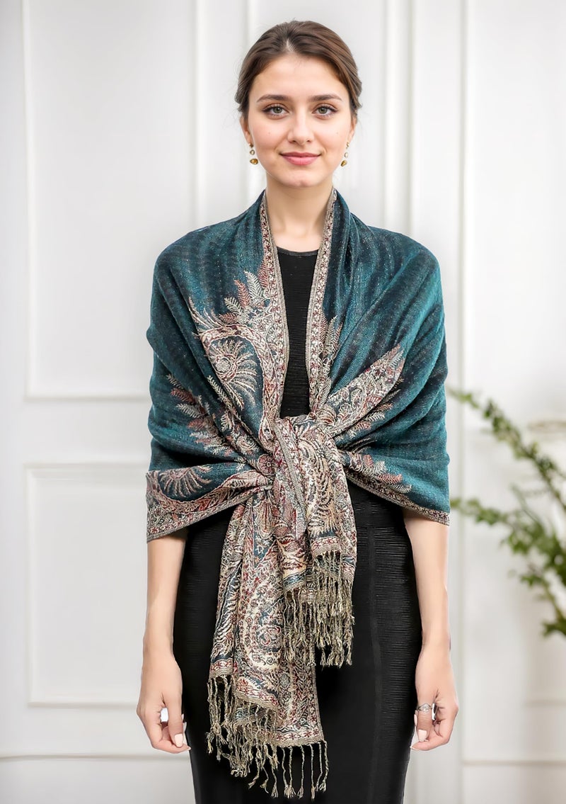 Achillea Luxurious Double Layered Jacquard Big Paisley Pashmina Shawl Wrap Scarf (Teal) - Image 5