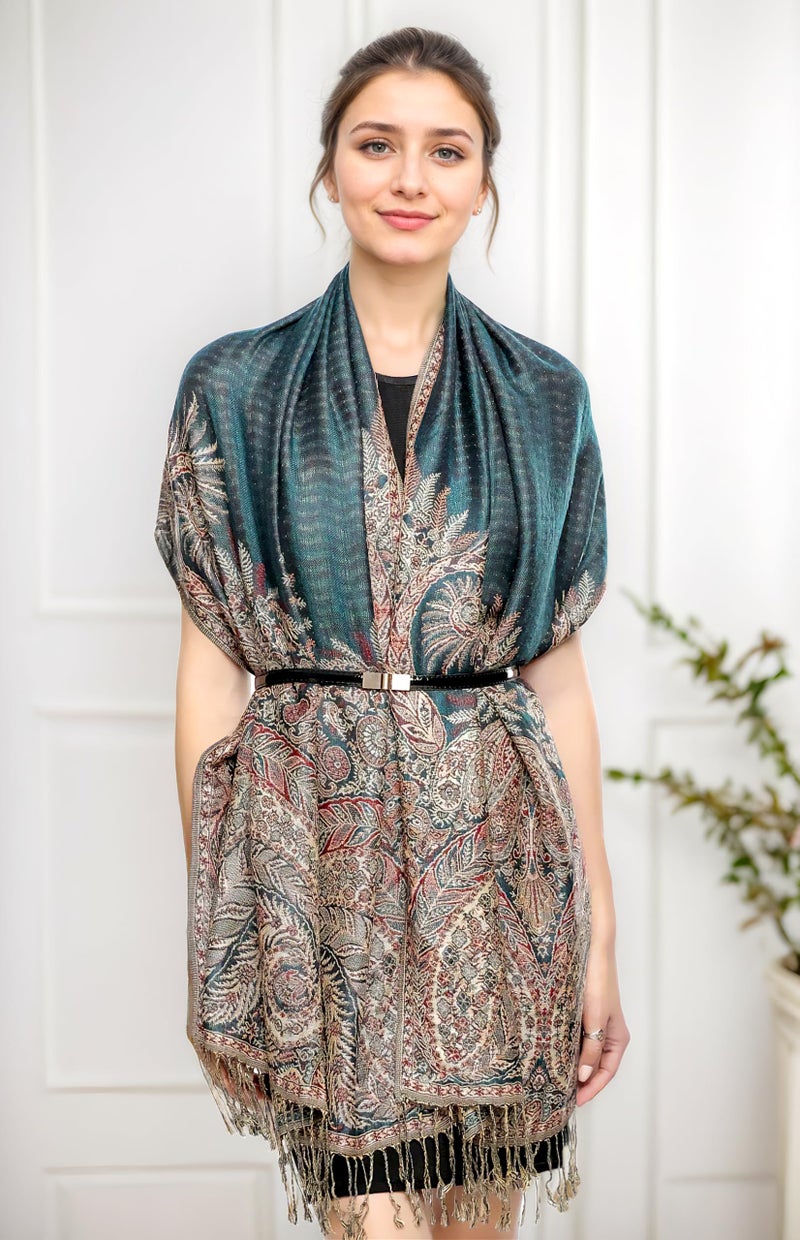 Achillea Luxurious Double Layered Jacquard Big Paisley Pashmina Shawl Wrap Scarf (Teal) - Image 4