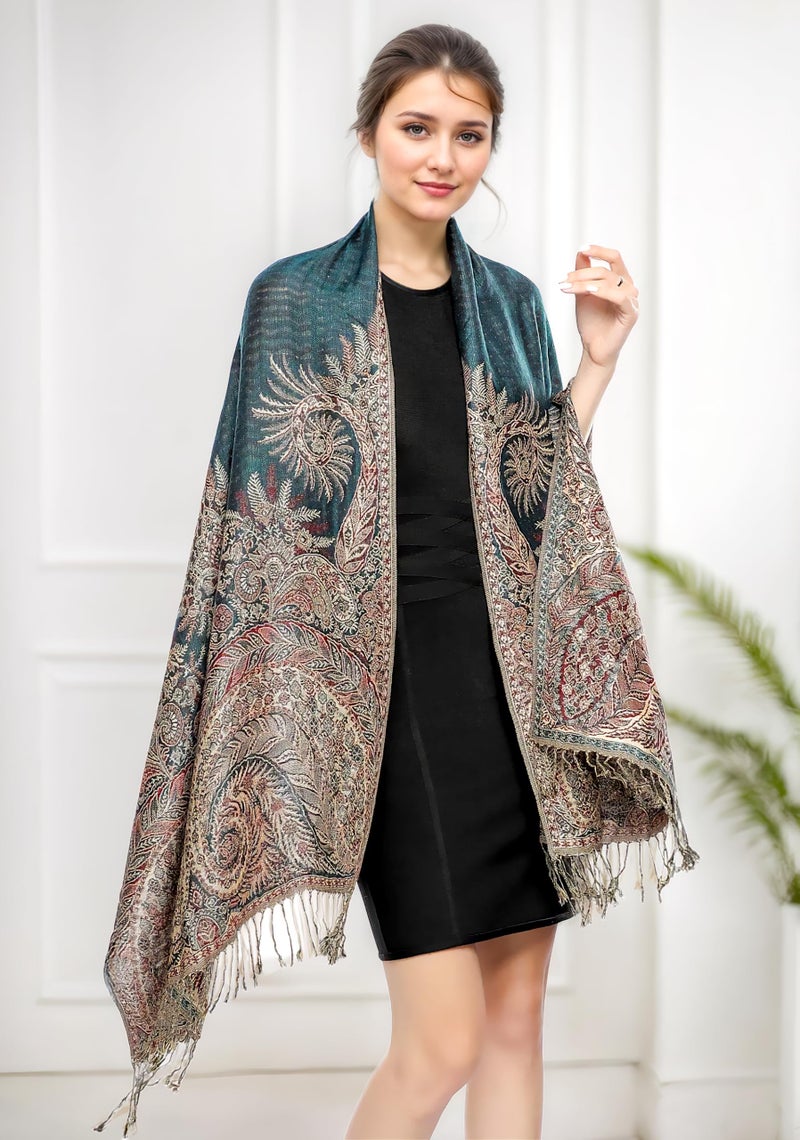 Achillea Luxurious Double Layered Jacquard Big Paisley Pashmina Shawl Wrap Scarf (Teal) - Image 2
