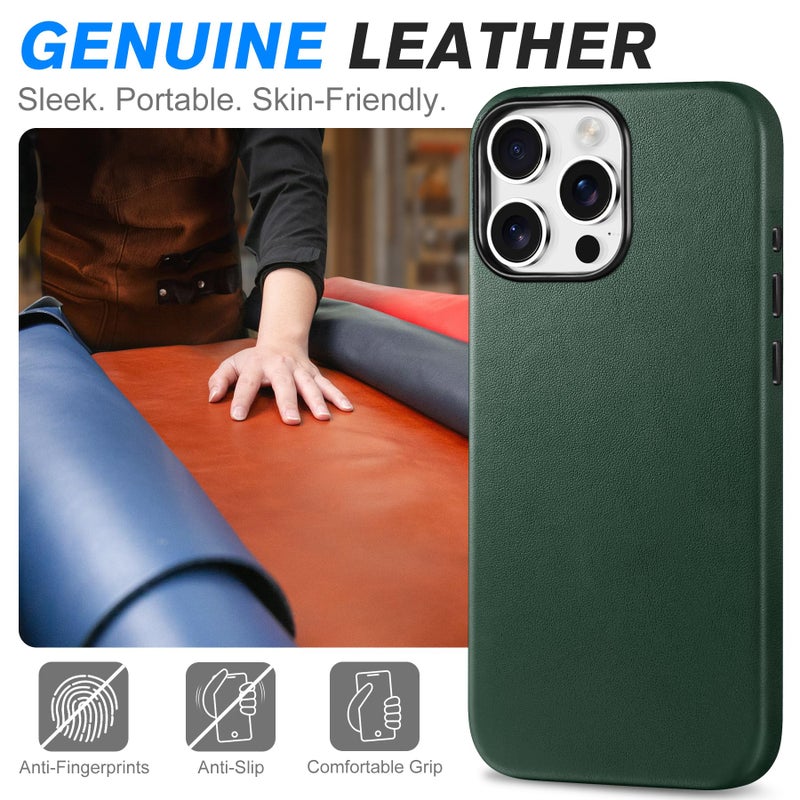 SHIELDON Genuine Leather Case for iPhone 16 Pro Max 6.9" Compatible with MagSafe, [Camera Button Updated], Magnetic Wireless Charging/Anti-Scratch/Non-Slip Grip/Shockproof/Slim Cover - Midnight Green - Image 3