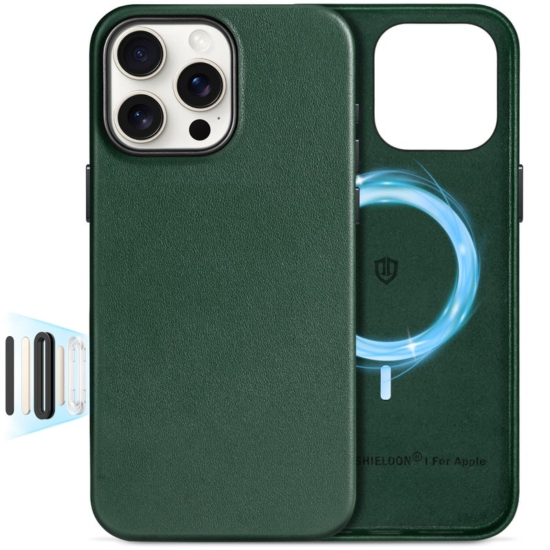 SHIELDON Genuine Leather Case for iPhone 16 Pro Max 6.9" Compatible with MagSafe, [Camera Button Updated], Magnetic Wireless Charging/Anti-Scratch/Non-Slip Grip/Shockproof/Slim Cover - Midnight Green - Image 1
