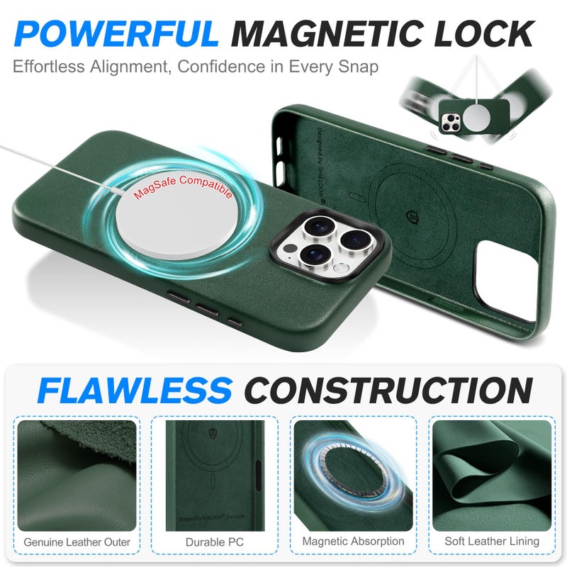 SHIELDON Genuine Leather Case for iPhone 16 Pro Max 6.9" Compatible with MagSafe, [Camera Button Updated], Magnetic Wireless Charging/Anti-Scratch/Non-Slip Grip/Shockproof/Slim Cover - Midnight Green - Image 5