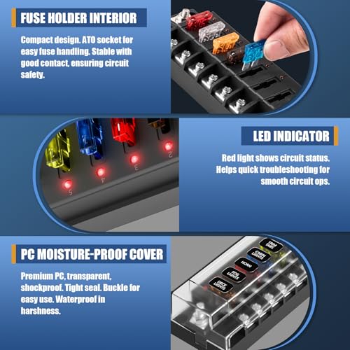 Siapupy 12V/24V 6-Circuit Waterproof Marine Fuse Box with LED Indicator, ATO Blade Fuse Block for Automotive, Marine, Truck, Car, Boat, RV - Image 4