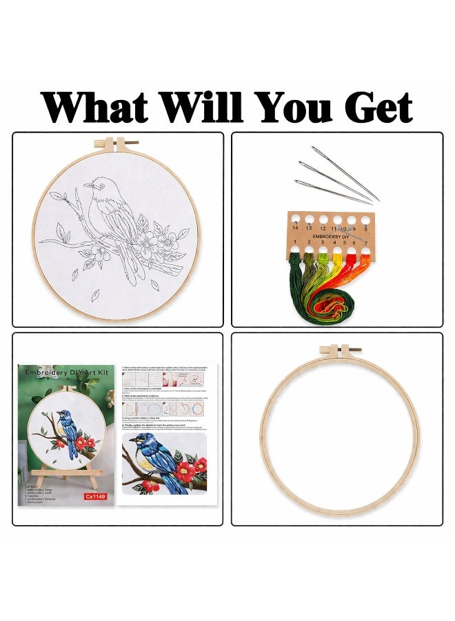 Mordely Bird Embroidery Kit for Beginners, DIY Needlepoint Art Kit with 20cm Bamboo Hoop, Pre-Printed Embroidery Fabric, Cotton Threads, 3 Needles & Instruction Pattern, Handmade Craft Set for Adults - Image 2