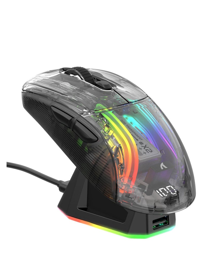 هجوم القرش فأرة الألعاب اللاسلكية ATTACK SHARK X2 Pro مع محطة شحن، فأرة هادئة بثلاث أوضاع (BT5.0 / 2.4G لاسلكي / Type-C)، دقة 4000 DPI، فأرة بلوتوث RGB قابلة لإعادة الشحن، هيكل شفاف، تدعم الكمبيوتر الشخصي / الماك، باللون الأسود - Image 1