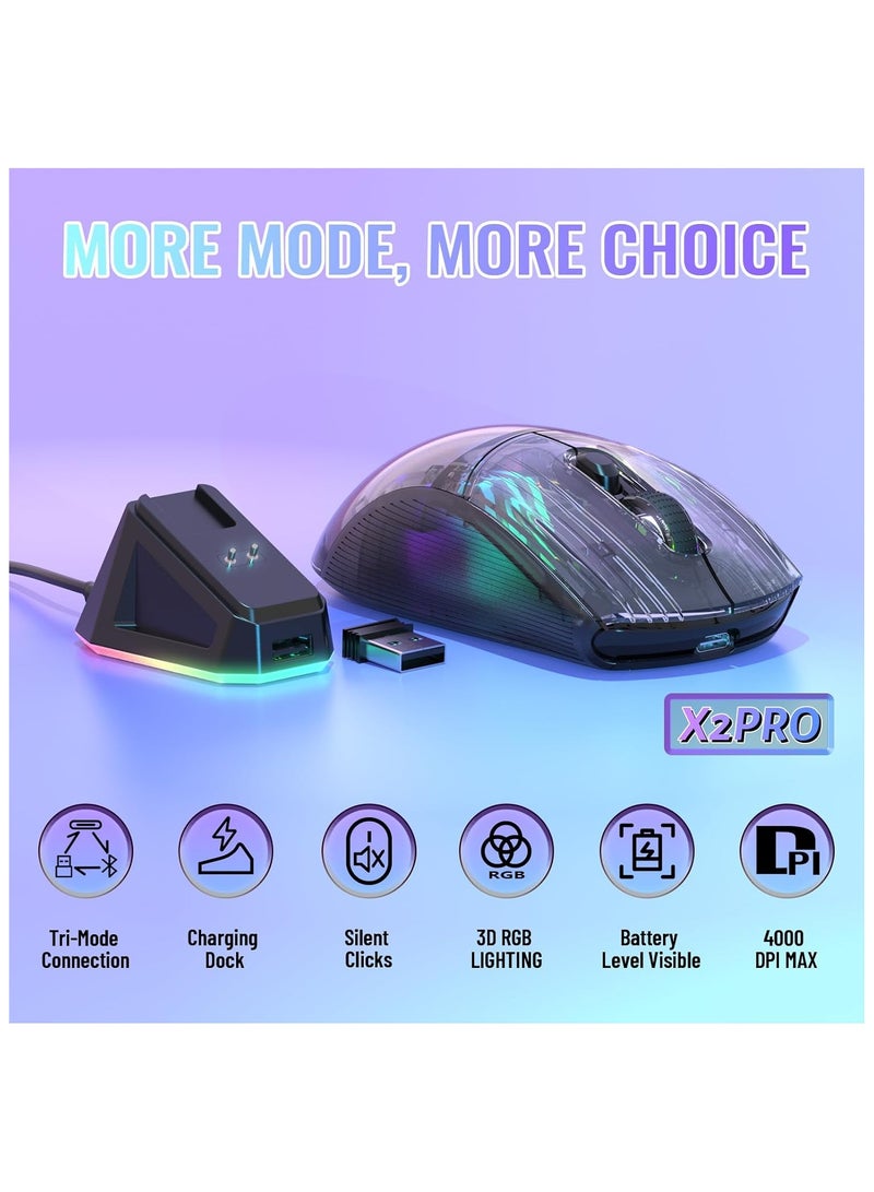 هجوم القرش فأرة الألعاب اللاسلكية ATTACK SHARK X2 Pro مع محطة شحن، فأرة هادئة بثلاث أوضاع (BT5.0 / 2.4G لاسلكي / Type-C)، دقة 4000 DPI، فأرة بلوتوث RGB قابلة لإعادة الشحن، هيكل شفاف، تدعم الكمبيوتر الشخصي / الماك، باللون الأسود - Image 2