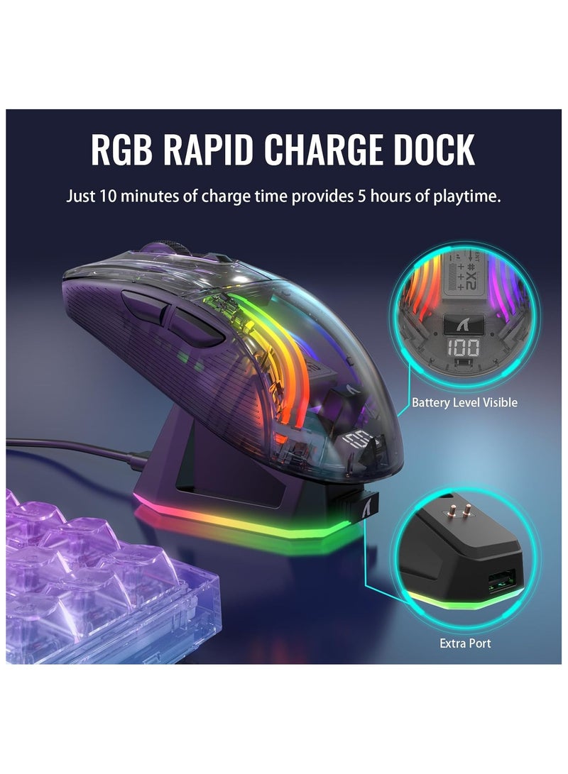 هجوم القرش فأرة الألعاب اللاسلكية ATTACK SHARK X2 Pro مع محطة شحن، فأرة هادئة بثلاث أوضاع (BT5.0 / 2.4G لاسلكي / Type-C)، دقة 4000 DPI، فأرة بلوتوث RGB قابلة لإعادة الشحن، هيكل شفاف، تدعم الكمبيوتر الشخصي / الماك، باللون الأسود - Image 3