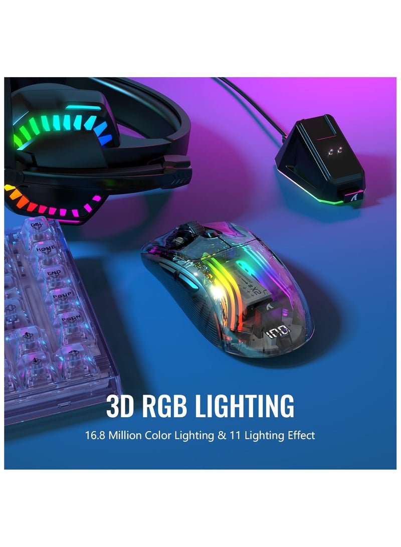 هجوم القرش فأرة الألعاب اللاسلكية ATTACK SHARK X2 Pro مع محطة شحن، فأرة هادئة بثلاث أوضاع (BT5.0 / 2.4G لاسلكي / Type-C)، دقة 4000 DPI، فأرة بلوتوث RGB قابلة لإعادة الشحن، هيكل شفاف، تدعم الكمبيوتر الشخصي / الماك، باللون الأسود - Image 5