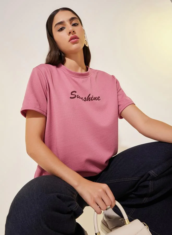 Take Two Textured Slogan Print Round Neck T-Shirt