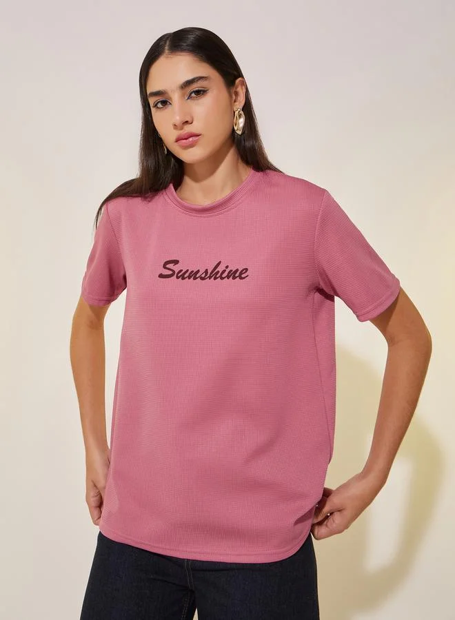 Take Two Textured Slogan Print Round Neck T-Shirt