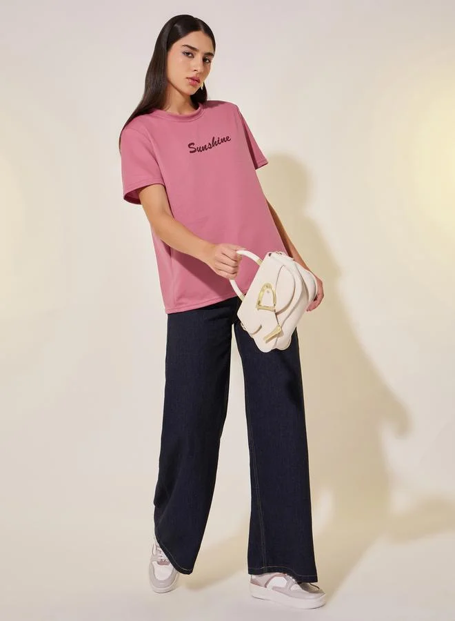 Take Two Textured Slogan Print Round Neck T-Shirt