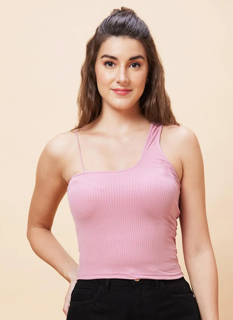 جلو باص بلوزة نسائية بكتف واحد مضلعة ضيقة