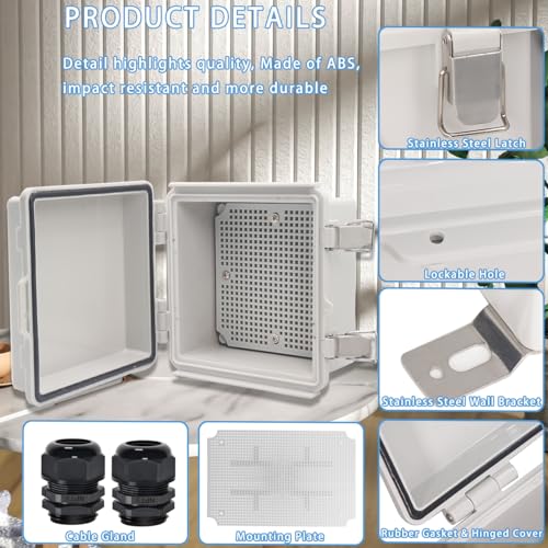Zulkit Junction Box,IP67 Waterproof Electrical Box Hinged Cover Stainless Steel Latch Plastic Enclosure for Project with Mounting Plate Wall Bracket and 2 Cable Gland Grey 5.9"x5.9"x3.5"(150x150x90mm) - Image 4