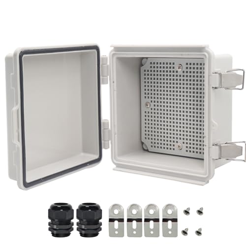 Zulkit Junction Box,IP67 Waterproof Electrical Box Hinged Cover Stainless Steel Latch Plastic Enclosure for Project with Mounting Plate Wall Bracket and 2 Cable Gland Grey 5.9"x5.9"x3.5"(150x150x90mm) - Image 1