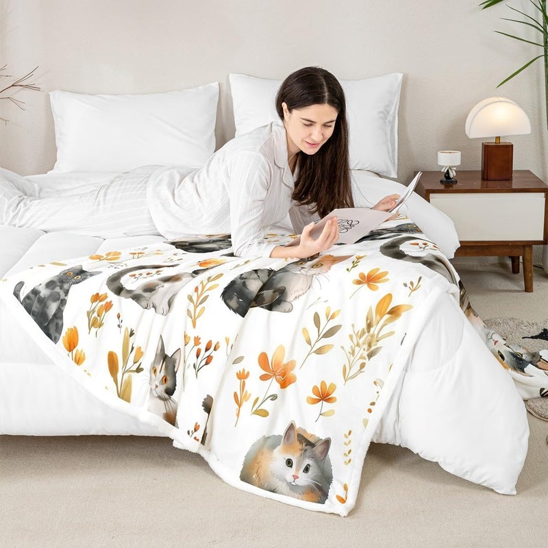 Erosebridal Cat Baby Size Fleece Blanket for Kids Cute Animals Sherpa Blanket Rustic Flower Fuzzy Plush Throw for Girls Boys Teens Adult Bedroom Floral Farmhouse Country Decor for Sofa Couch - Image 3