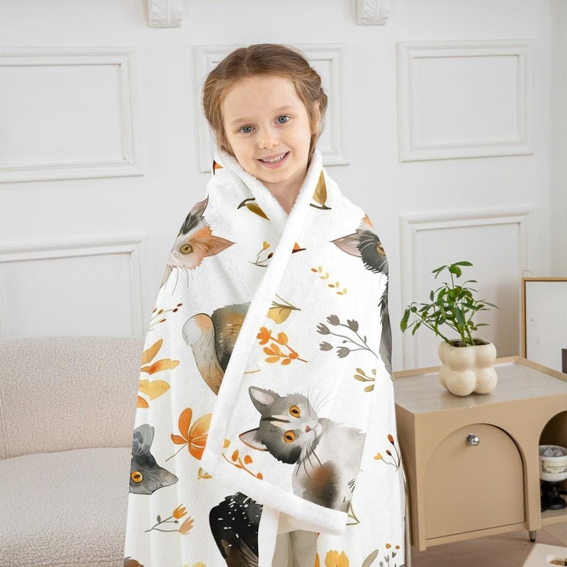 Erosebridal Cat Baby Size Fleece Blanket for Kids Cute Animals Sherpa Blanket Rustic Flower Fuzzy Plush Throw for Girls Boys Teens Adult Bedroom Floral Farmhouse Country Decor for Sofa Couch - Image 5