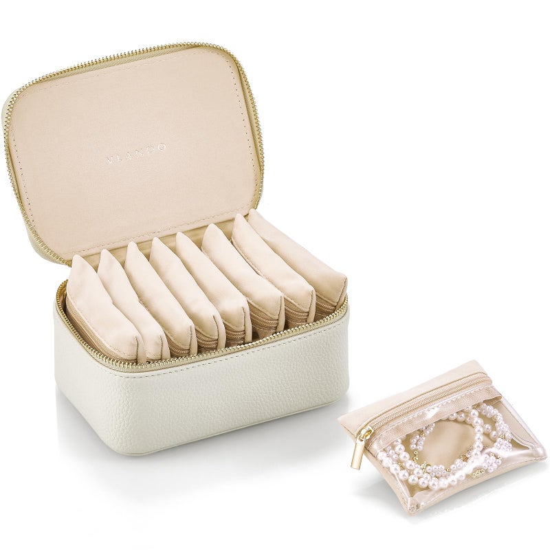 VLANDO Travel Jewelry Case with 8 Velvet Jewelry Bags Jewelry Travel Organizer Box for Girls Jewelry Box for Rings Earrings Brides Gifts Birthday Gifts for Women TeenWhite - Image 2