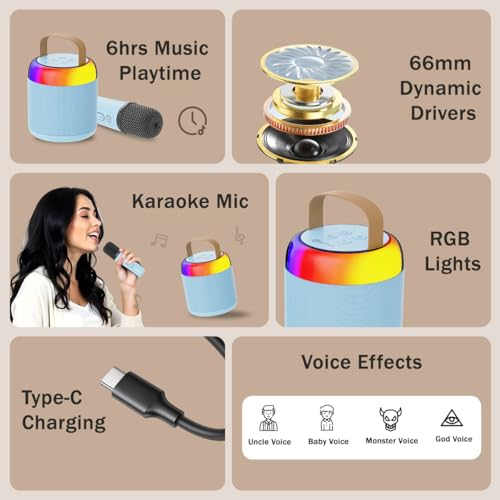 pTron Newly Launched Fusion Bliss 16W Bluetooth Speaker with Wireless Karaoke Mic, 6Hrs Playtime, Vibrant RGB Lights, Voice Effects, Multi-Play Modes BT5.3/TF Card & Type-C Charging Port (Blue) - Image 2