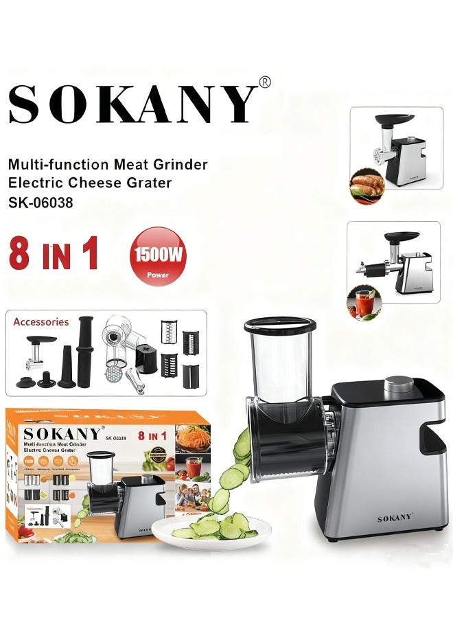sokany Electric Cheese Grater,1500W Meat Grinder & juicer, 8 in 1Multifunction Kitchen Grater with 4 Shredder Slicer Blades & Grinding Plates,Sausage Maker & Kubbe Kit,Tomato Juicing Kits,for Home Kitchen & Commercial Using,1500W SK-06038 - Image 1