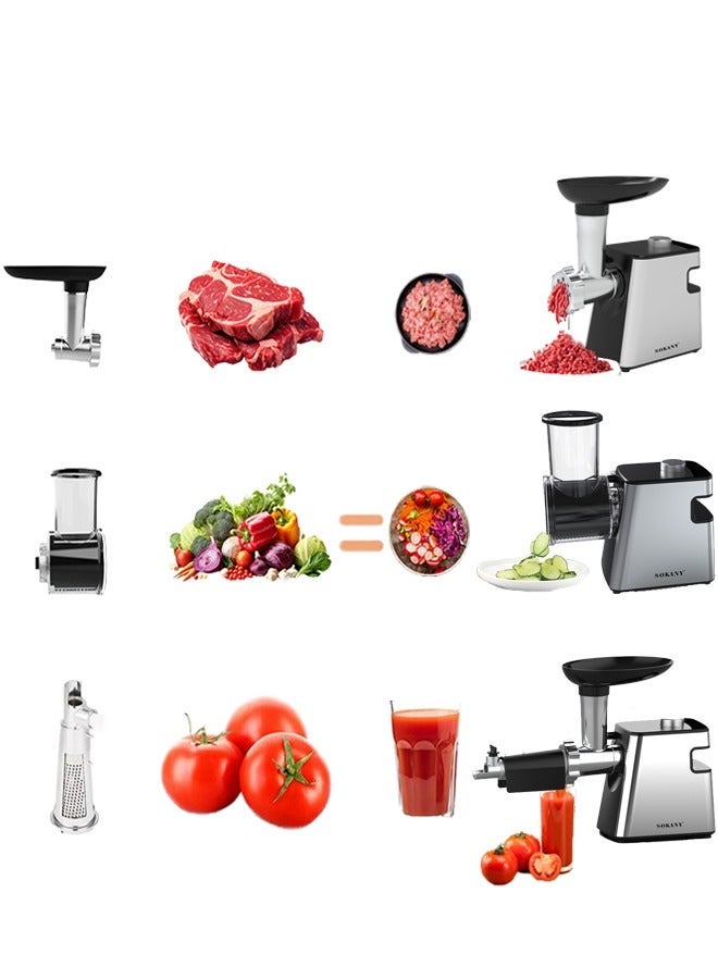 sokany Electric Cheese Grater,1500W Meat Grinder & juicer, 8 in 1Multifunction Kitchen Grater with 4 Shredder Slicer Blades & Grinding Plates,Sausage Maker & Kubbe Kit,Tomato Juicing Kits,for Home Kitchen & Commercial Using,1500W SK-06038 - Image 5