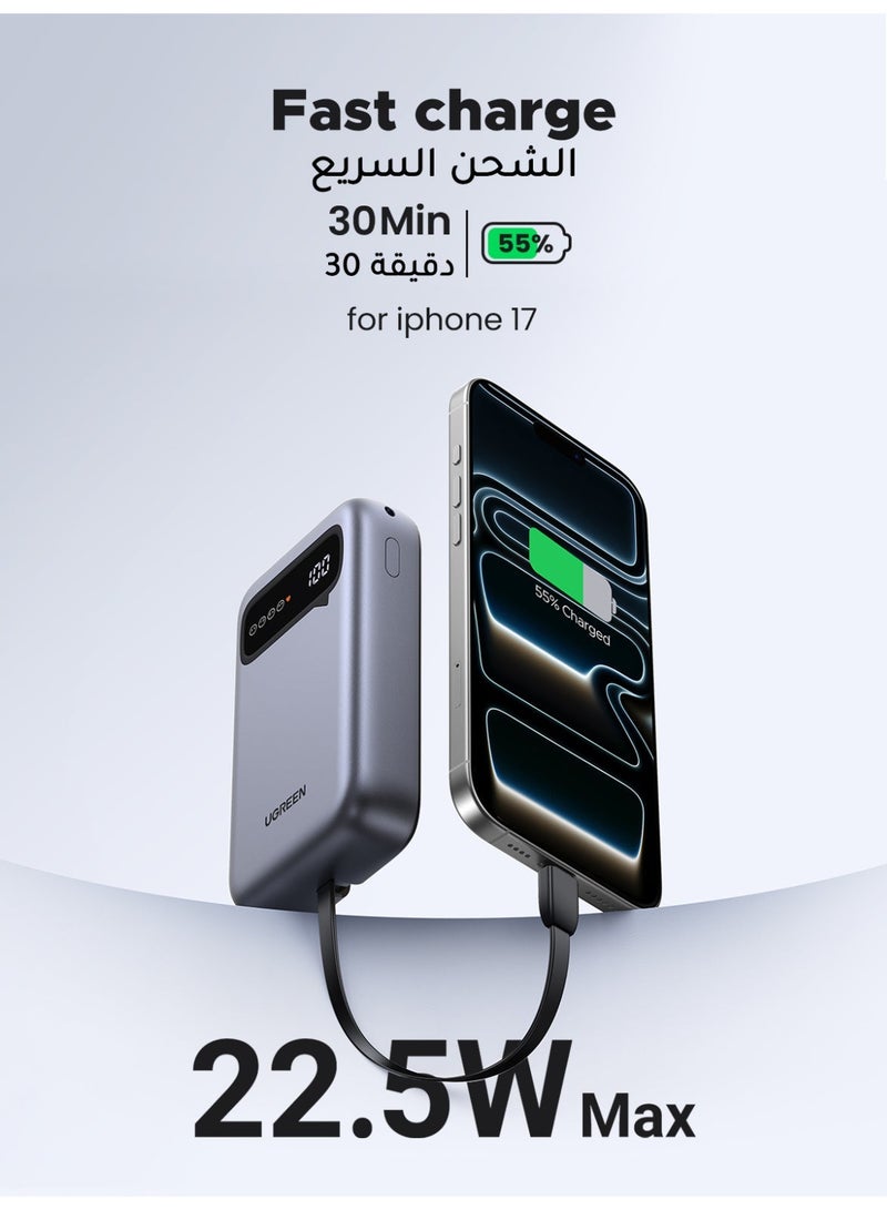 Ugreen 20000mAh Power Bank 22.5W Fast Charging Portable Charger, Built-in USB-C Cable, PD 20W USB-C Output, Dual-Port Battery Pack with Emoji LED Digital Display, Compatible with iPhone 17/16/15, Samsung Galaxy, iPad and More 20000mah 22.5W with 2 cables - Image 5