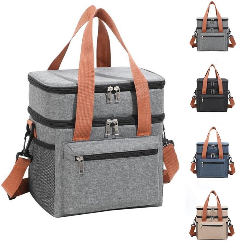 IraXpro Double Layer Insulated Lunch Bag,Portable Cooler Tote Bag for Men Women Adult, Leak and Waterproof, Double Deck Cooler Lunch Box Bag, for Office,Picnic (Gray) - Image 1