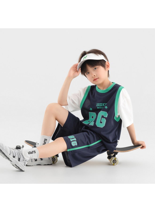 Basketball Jersey Summer Short Sleeve Shorts Fashion Fake Two-piece Color Block Breathable Mesh Sports Set Trendy - Image 5