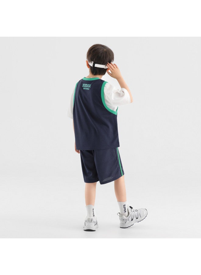 Basketball Jersey Summer Short Sleeve Shorts Fashion Fake Two-piece Color Block Breathable Mesh Sports Set Trendy - Image 3