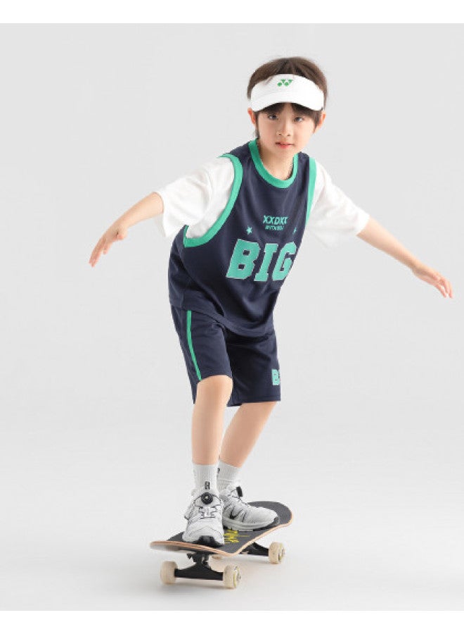 Basketball Jersey Summer Short Sleeve Shorts Fashion Fake Two-piece Color Block Breathable Mesh Sports Set Trendy - Image 1
