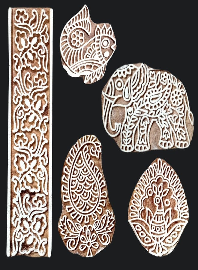 Ecofynd Wood Block Stamps (Pack of 5) for Printing - Artistic Shapes Craft Set for Kids, Saree Border, DIY Henna, Fabric, Textile, Paper, Clay, Pottery - Hand-Carved Wooden Blocks (BLOCK015) - Image 1