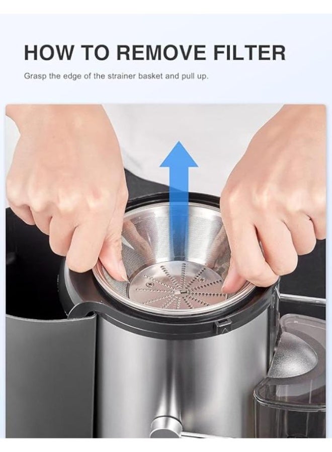 سيلفر كريست عصارة طرد مركزي من الفولاذ المقاوم للصدأ بقوة 800 وات (خالية من مادة BPA)، عصارة لعصر الفواكه والخضروات - فتحة تغذية بعرض 65 مم، وضع سرعة مزدوج مثالي للاستخدام الداخلي والخارجي (فضي) - Image 3