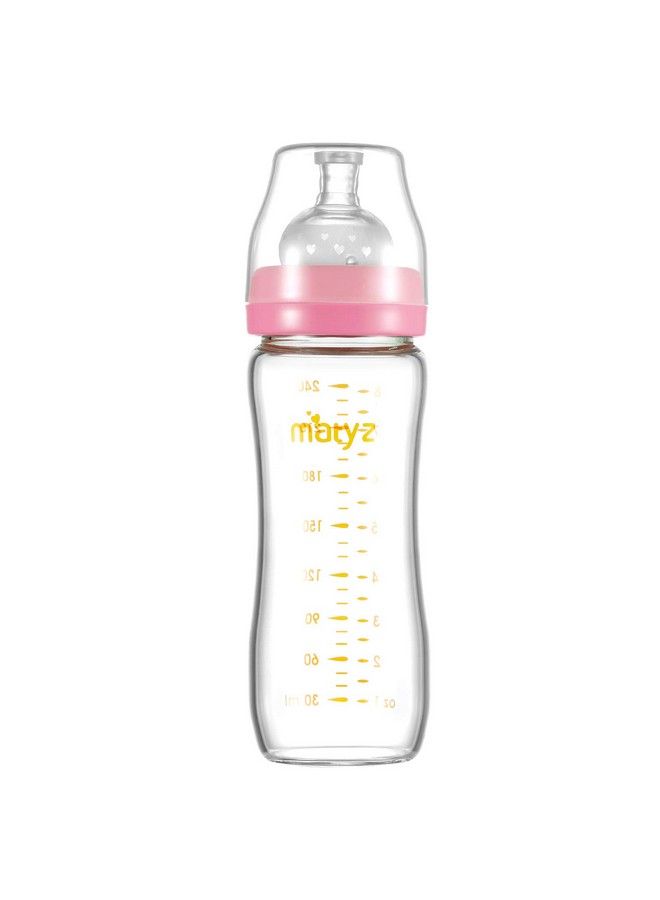 Matyz 8 Ounce Glass Baby Feeding Bottle With Nipple Light And Slim Bottle Easy To Hold Food Grade Borosilicate Glass Wide Neck Breastmilk Feeding Bottle Easy To Clean Bpa Free (Pink Lids) - Image 2