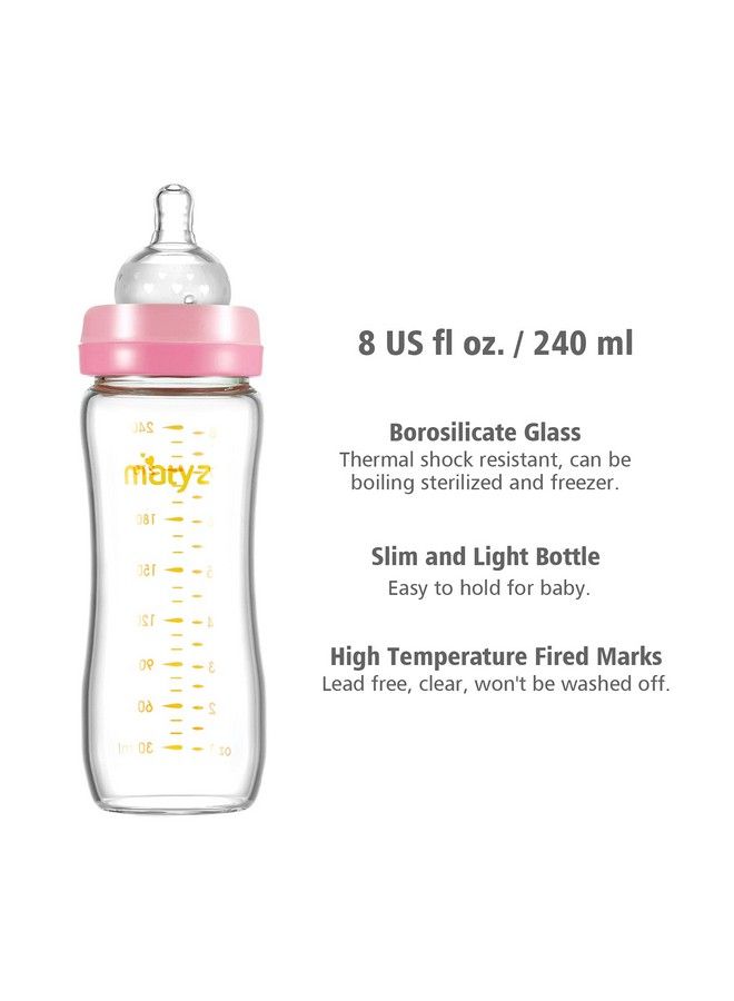 Matyz 8 Ounce Glass Baby Feeding Bottle With Nipple Light And Slim Bottle Easy To Hold Food Grade Borosilicate Glass Wide Neck Breastmilk Feeding Bottle Easy To Clean Bpa Free (Pink Lids) - Image 4